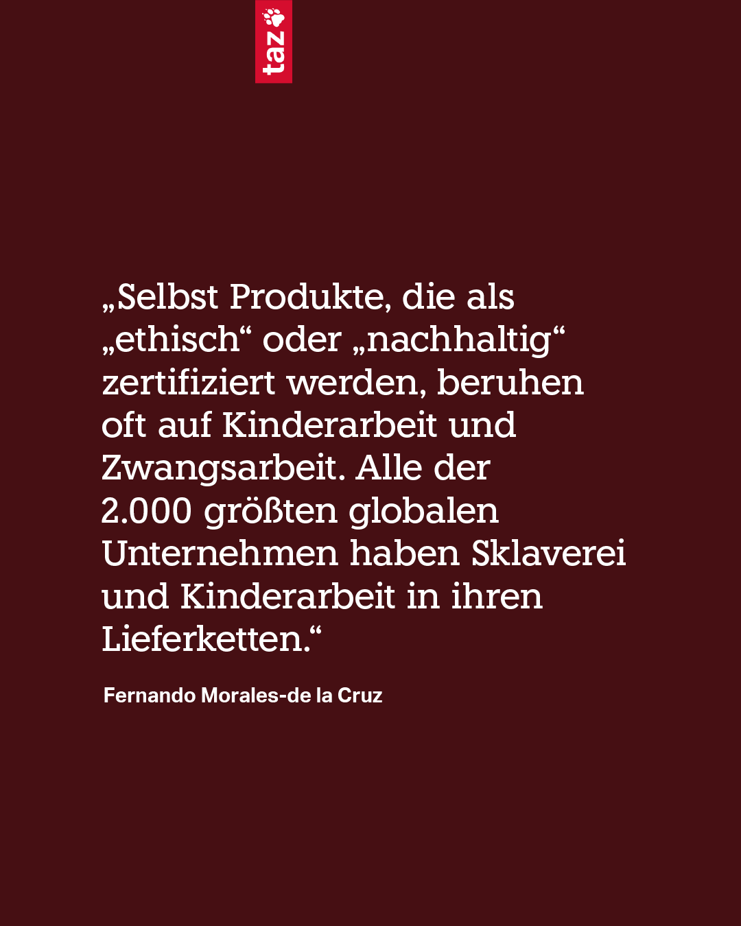 Das Zitat: „Selbst Produkte, die als „ethisch“ oder „nachhaltig“ zertifiziert werden, beruhen oft auf Kinderarbeit und Zwangsarbeit. Alle der 2.000 größten globalen Unternehmen haben Sklaverei und Kinderarbeit in ihren Lieferketten.“<br>Fernando Morales-de la Cruz