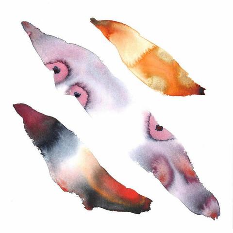 The cover for Ext Sleep's Aoba track, showing abstract watercolour art with four feather-like shapes in orange, purple, and black hues on a white background. Emotive and fluid design.
