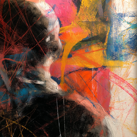 This artwork presents a dramatic interplay between light, texture, and motion. A shadowed figure, painted in layered blacks and whites, turns slightly toward a field of vivid color—splashes of orange, pink, and gold that seem to pulse with emotion. The thick, textured strokes create a tactile surface, while red and yellow lines cut dynamically through the composition, heightening the tension between stillness and energy. The effect is introspective yet explosive, suggesting transformation or awakening within chaos.