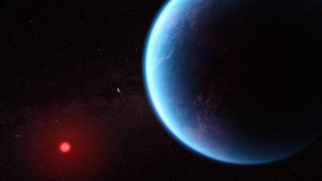 This illustration shows what exoplanet K2-18 b could look like based on science data. K2-18 b, an exoplanet 8.6 times as massive as Earth, orbits the cool dwarf star K2-18 in the habitable zone and lies 120 light years from Earth. A new investigation with NASA’s James Webb Space Telescope into K2-18 b, an exoplanet 8.6 times as massive as Earth, has revealed the presence of carbon-bearing molecules including methane and carbon dioxide. The abundance of methane and carbon dioxide, and shortage of ammonia, support the hypothesis that there may be a water ocean underneath a hydrogen-rich atmosphere in K2-18 b. In this illustration, the exoplanet K2-18 c is shown between K2-18 b and its star.