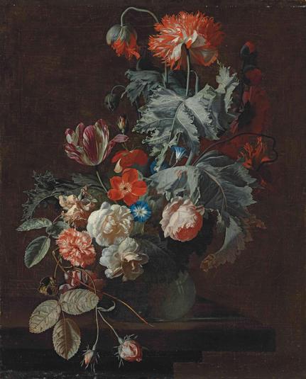 Still Life with Flowers
Oil on canvas, 89.5 cm x 65 cm, by Simon Pietersz. Verelst (c. 1644–1721)
Location unknown
Carnations, tulips, and other flowers in a glass vase, on a stone ledge
