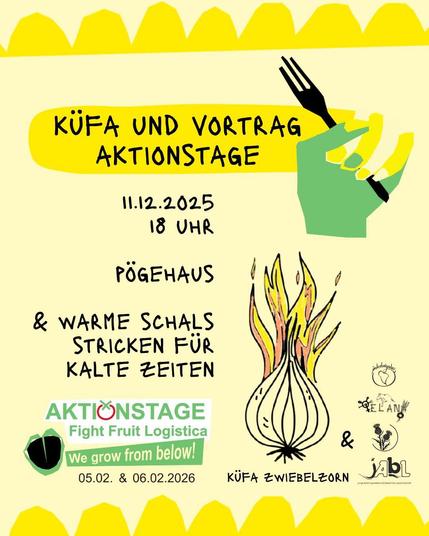 Flyer mit den Infos aus dem Post, dazu der Spruch: "Warme Schals stricken für kalte Zeiten", sowie Logos der Organisationen ELAN, IGG, Interbrigadas, jAbL. Als Bild ist eine brennende Zwiebel abgebildet. 