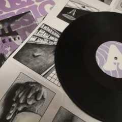 Eine schwarze Vinylplatte liegt auf einem gemusterten Hintergrund mit verschiedenen Bildern und grafischen Designs, vorwiegend in Lila und Schwarz. Das Layout umfasst Fotografien und künstlerische Illustrationen.