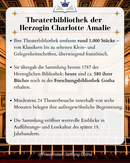 Grafisches Informationsblatt vor der Kulisse eines historischen Theatersaals. Im Vordergrund ein weißes Textfeld mit Überschrift „Theaterbibliothek der Herzogin Charlotte Amalie“ und mehreren Stichpunkten zu Umfang, Überlieferung und Bedeutung der Sammlung. Unten steht „@Friedenstein Stiftung Gotha“.