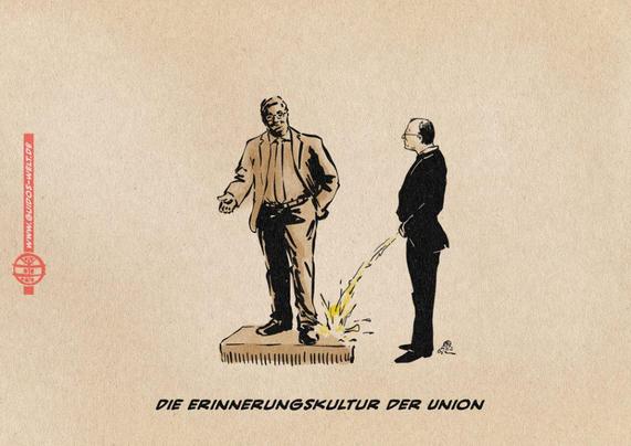Illustration: Merz uriniert an das Lübecker Denkmal. Textzeile: Die Erinnerungskultur der Union.