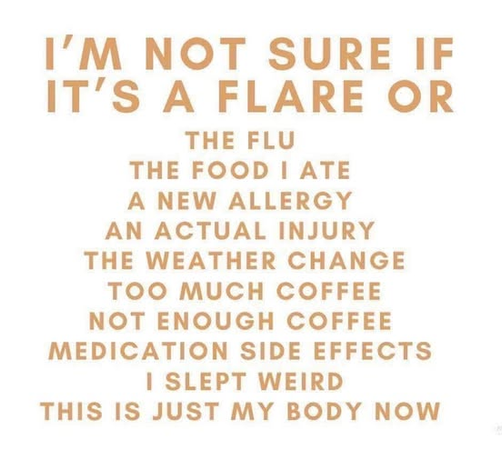 'I'M NOT SURE IF IT'S A FLARE OR THE FLU THE FOOD I ATE A NEW ALLERGY AN ACTUAL INJURY THE WEATHER CHANGE OO MИCH COFFEE NOT ENOUGH COFFEE MEDICATION SIDE EFFECTS I SLEPT WEIRD THIS IS JUST MY BODY NOW