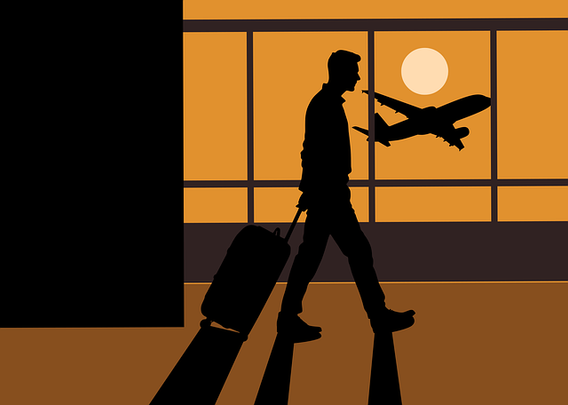 A cartoon traveler walking through a hallway with a plane in a window.