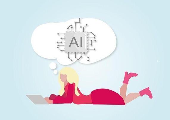 A woman figure with a popup showing AI on a light blue background.