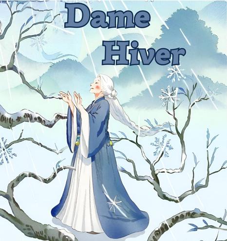 Une vieille femme aux longs cheveux blancs dans un décors de branches nues, avec la neige qui tombe.