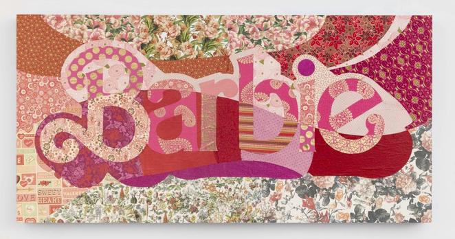 a collage, it is different floral and feminine patterns arranged together, the barbie logo large and pink and in the center 