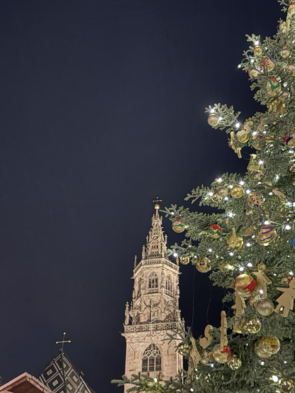 Bozner Pfarrkirchturm hinter Weihnachtsbaum