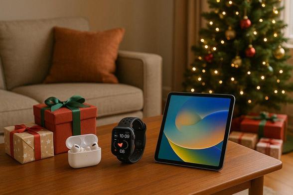 Christmas tree with presents, Airpods, Apple Watch, and tablet