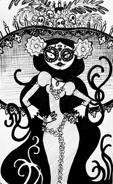 ilustracion en tinta y papel de una catrina