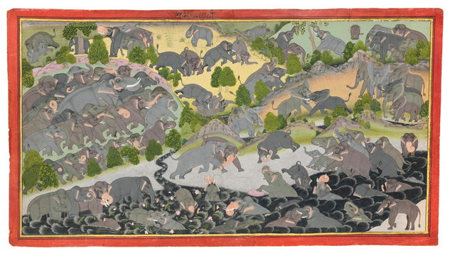 “The present painting is remarkable in its extraordinary celebration of the elephant in its natural habitat. There is not a human to be seen. There is clearly an intention to illustrate all aspects of elephantine behaviour, from conception in the top left corner to extreme old age, literally on the ‘other side’ lower right. But this is not depicted as an inevitable process; in between elephants are gambolling, play-fighting (there is no blood drawn), rubbing against trees, spraying each other, marching, swimming, and enjoying almost every other activity one can think of. Right in the centre, small but inevitably drawing one’s eye in, is an elephant with head raised using its trunk to create a fountain, a scene of pure adolescent joy.”  IN CELEBRATION OF ELEPHANTS MEWAR, RAJASTHAN, INDIA, CIRCA 1705-15 Opaque pigments heightened with silver on paper, set within narrow gold borders with black rules, the margins red with brief devanagari inscription at the top, the verso plain with further devanagari inscriptions Painting 9 ¼ x 17 ¼in. (23.4 x 44.1cm.); folio 10 ¼ x 18 3⁄8in. (26.1 x 46.9cm.) INSCRIPTIONS: Smudged inscription in upper margin part deciphered as referring to the group of elephants. The verso inscribed Mahārāṇā Saṅgrāma Siṅgha-jī 'Maharana Sangram Singh [II]'; Mewar inventory number 13/316 and valued at 50[?] rupees. 
