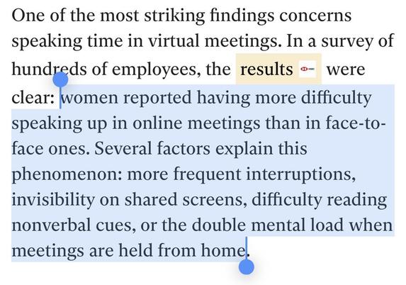 Uno de los hallazgos más sorprendentes se refiere al tiempo de palabra en las reuniones virtuales. En una encuesta a cientos de empleados, los resultados fueron claros: las mujeres reportaron tener más dificultades para hablar en reuniones en línea que en presenciales. Varios factores explican este fenómeno: interrupciones más frecuentes, invisibilidad en pantallas compartidas, dificultad para interpretar señales no verbales o la doble carga mental que suponen las reuniones desde casa. Captura de pantalla de la noticia de Independent UK.