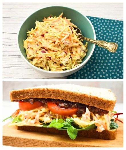 Cheese savoury sandwich filling in a bowl and in a brown bread sandwich with salad and pickle.