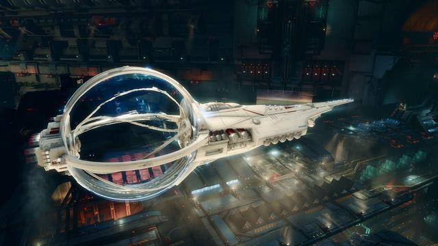 Odysseus class spaceship in a huge hangar. Screenshot of the MMO EVE Online.