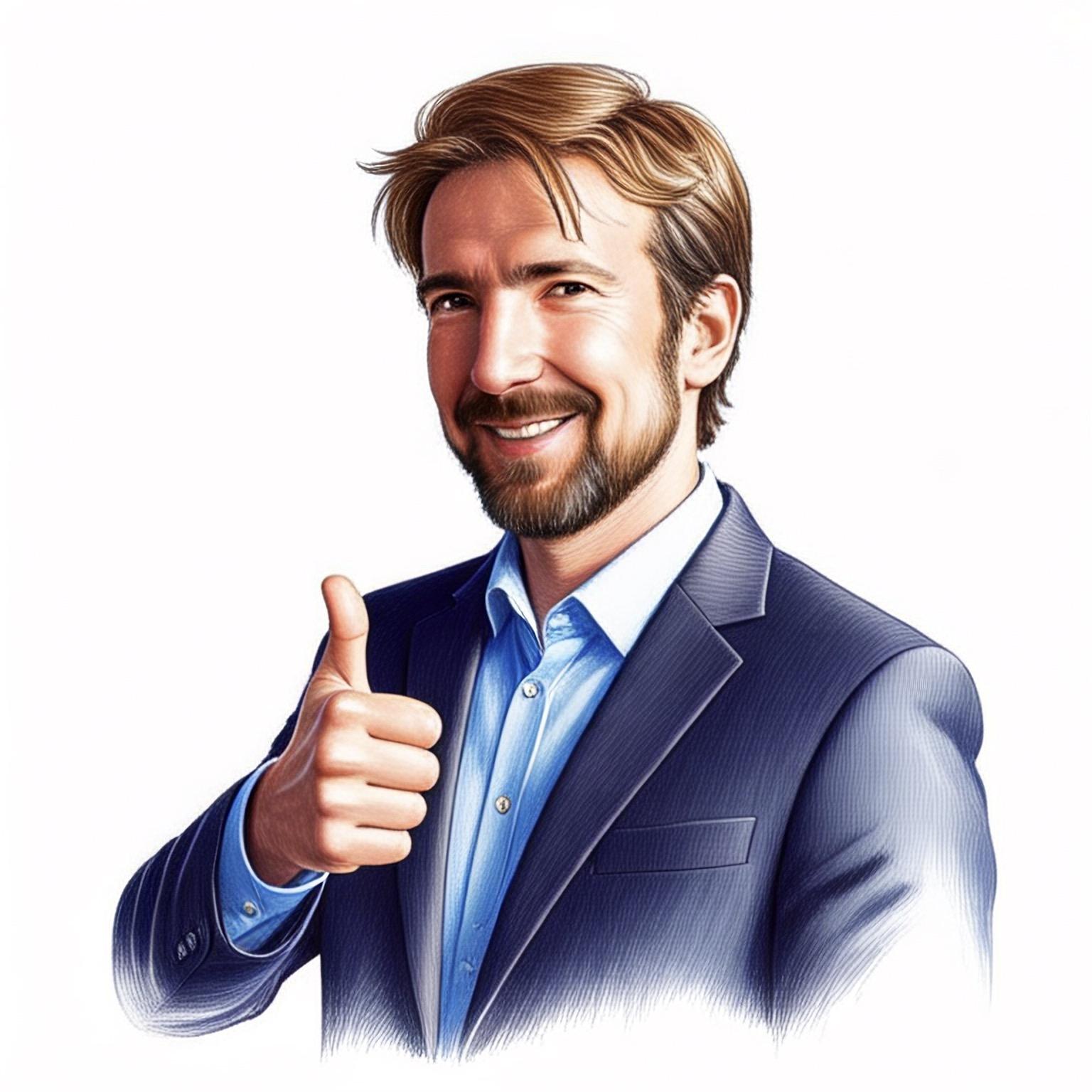 KI-Skizze einer Filmfigur: Ein lächelnder Hans Gruber im Anzug mit Daumen hoch.