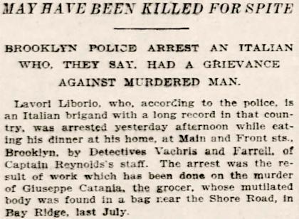 Clipping from December 6, 1902, New York Daily Tribune. Headlines: "May have been killed for spite. Brooklyn police arrest an Italian who, they say, had a grievance against murdered man."