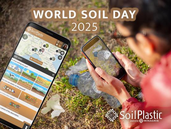 Hand holding phone which photographs plastic pollution on the ground