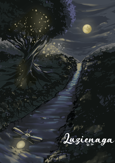 Una portada donde una luciernaga sale en primer plano, esta vuela hacia un camino rodeado por la ciénaga, arriba de esta una Luna brillante. Tambien a la izquierda de la composición dentro de la ciénaga existe un gran árbol lleno de pequeñas luminosas.
