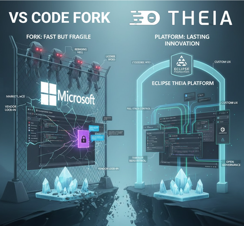 Illustration comparing two paths for AI native IDEs: forking VS Code for fast short term gains versus building on Eclipse Theia for long term platform control, with trade offs around maintenance and governance