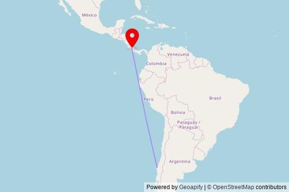 A map showing the great circle route from Curanilahue in Chile to a map pin at Iglesia de Los Testigos de Jehová, Calle Alejandro Quesada, Concepción, Los Ángeles, 30305 Costa Rica