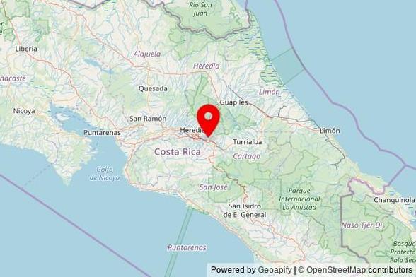 A map showing the area of Concepción with a pin at the position of Iglesia de Los Testigos de Jehová, Calle Alejandro Quesada, Concepción, Los Ángeles, 30305 Costa Rica