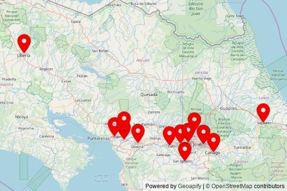 A map showing every place of worship we have visited so far in Costa Rica including:
Iglesia de Los Testigos de Jehová in Concepción
Iglesia María Auxiliadora in Siquirres
Iglesia La Esperanza in San Ignacio
Iglesia Parcelas el Barón in San Rafael
Iglesia Cristiana in Barranca
Parroquia Santa Ana in Santa Ana
Iglesia de Los Testigos de Jehová in Concepción
Basílica de Nuestra Señora de Los Ángeles in Cartago
Templo Shekinah, Asamblea Apostólica in Liberia
Iglesia Inmaculada Concepción de María in Concepción
Parroquia San Mateo Apóstol in San Mateo
Capilla San José in Colón
Iglesia Evangélica Luterana de Costa Rica de Habla Alemana in Pavas
Iglesia de San Jerónimo in San Jerónimo
Iglesia Evangélica Luterana de Costa Rica de Habla Alemana in Pavas