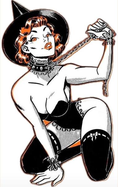 Black, white and orange pic of a witch in lingerie with thick high stockings with bows. She wears a collar and leash around her neck, and a witches hat. She has orange hair and lipstick, and is posed in a sexy way.
