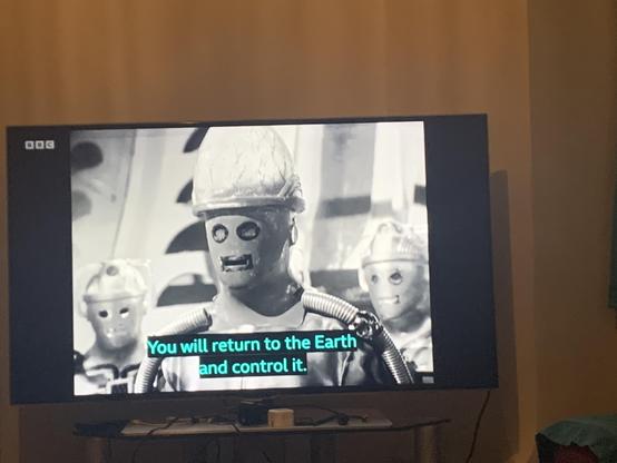 Pic of my tv playing Tomb of the Cybermen, showing 3 cybermen, 1 at the forefront and 2 behind 