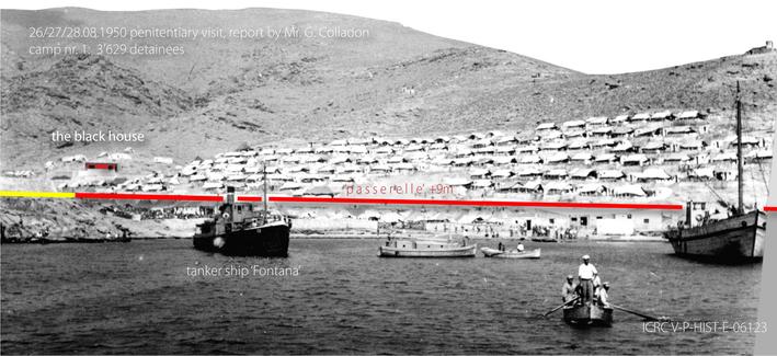 Gyaros Island of Exile - Museum walkthrough - Bay 1, penitentiary camp nr.1, pedestrianbridge, left tanker ship "Fontana" - ICRC V-P-HIST-E-06123.JPG 26-28.08.1950