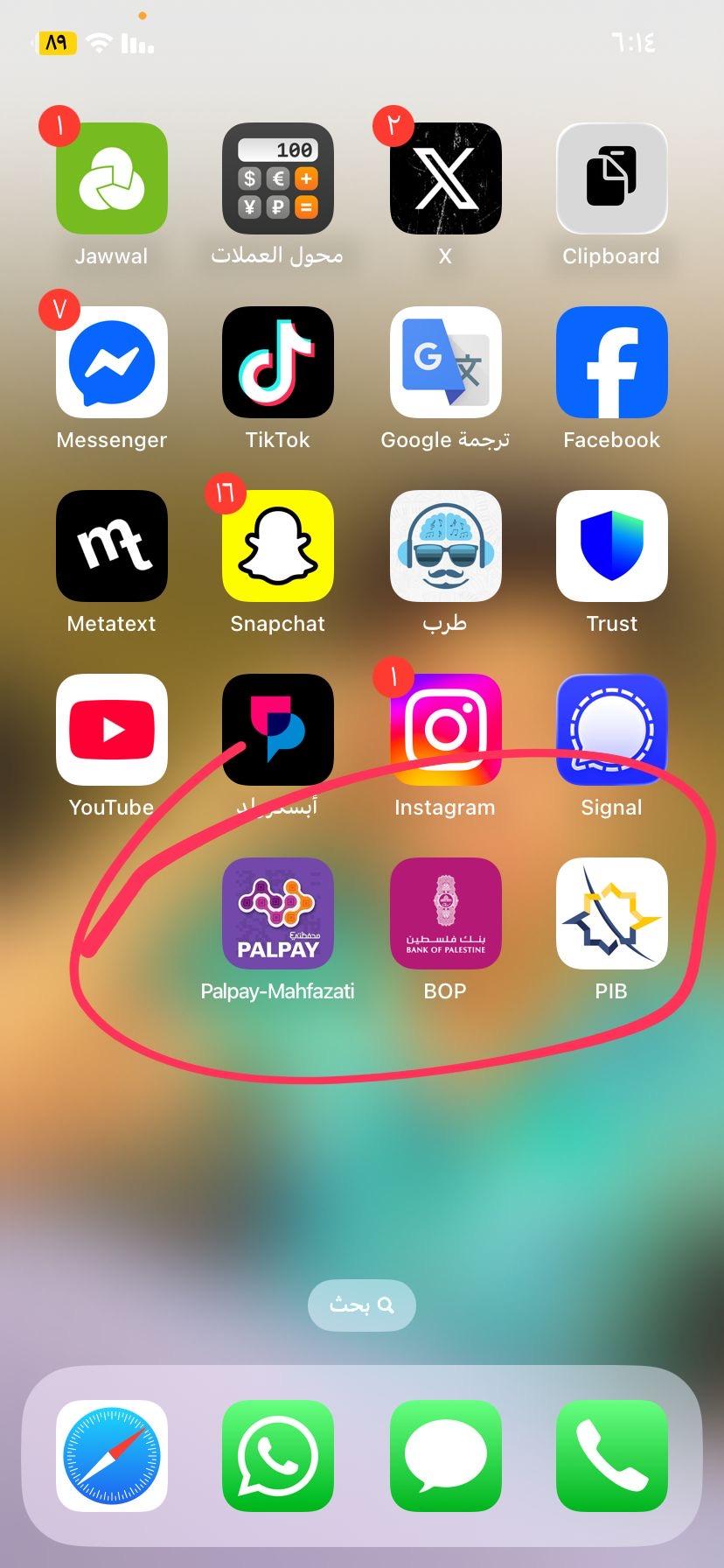 A screenshot of my iPhone screen. Some banking apps are circled: PalPay, Bank of Palestine, Palestinian Islamic Bank (PIB).