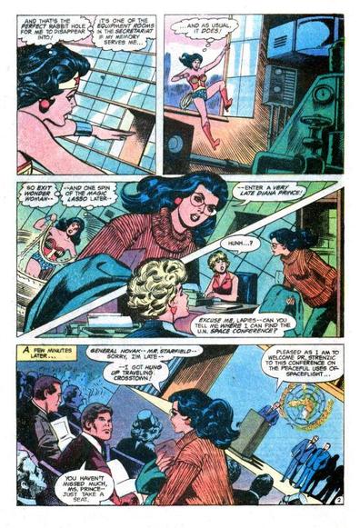 a page from the comic book, diana is in civilian attire, her and fellow co-workers are watching s super-powered being glowing next to a building outside their windows