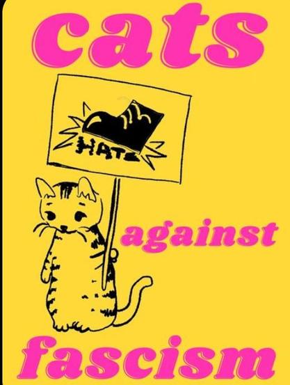 Yellow background, with a cat drawn on it in black. The cat holds a sign with a boot on it stamping on the word "hate".  In hot pink above and next to the cat is written "Cats against fascism."