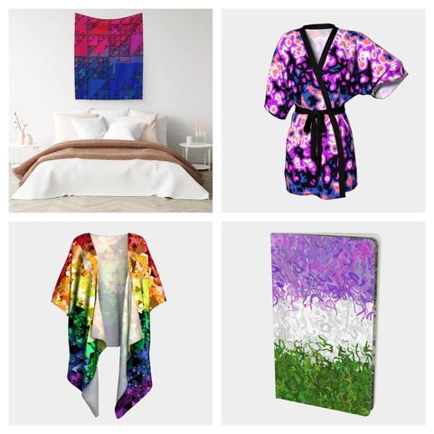 geometric fractal bisexual pride flag wall tapestry, trippy marbled abstract genderfluid pride flag robe, mod geometric rainbow pride flag shawl, squiggly psychedelic genderqueer pride flag notebook