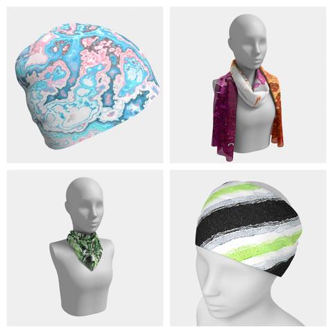 funky marbled abstract transgender pride flag beanie, trippy squiggly lesbian pride flag long scarf, psychedelic marbled abstract aromantic pride flag square scarf, grungy groovy agender pride flag headband