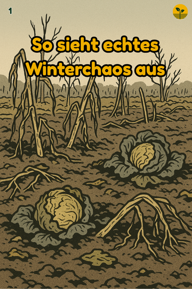 Unaufgeräumtes Winterbeet mit vertrockneten Stängeln, matschigen Kohlköpfen und kahlen Bodenstellen