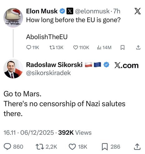 Sikorski replies to Musk:

Go to Mars.
There's no censorship of Nazi salutes there.