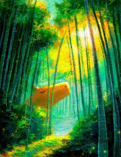 Painting of a giant capybara basking in the sun that is filtering through the leaves of a bamboo forest. There is bamboo all around and a sunlit path on the bottom left. There are some sparkles of yellow throughout the painting. The artist's signature and watermark @joyousjoyfuljoyness are on the bottom right.