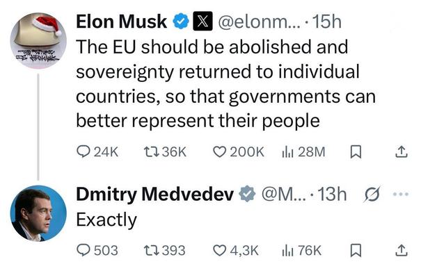 Elon posting:

The EU should be abolished and sovereignty returned to individual countries, so that governments can better represent their people.

Dmitry Medvedev replying:

Exactly.