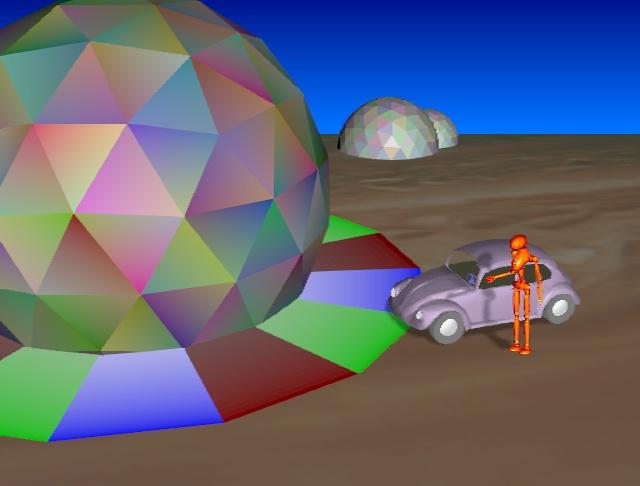 a thin orange robot is standing next to a light purple beetle car. it is parked near a multi-coloured spheric structure with many triangular sides and a base. other similar domes are in the distant landscape.