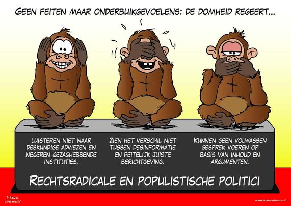 De cartoon toont drie apen in de klassieke “horen-zien-zwijgen”-houding. Bovenaan staat: “Geen feiten maar onderbuikgevoelens: de domheid regeert…” Onderaan worden de apen gekoppeld aan “rechtsradicale en populistische politici”.

De eerste aap houdt zijn oren dicht en staat voor politici die niet luisteren naar deskundigen en gezaghebbende instituten negeren.
De tweede aap bedekt zijn ogen en symboliseert het onvermogen om onderscheid te maken tussen desinformatie en feitelijke berichtgeving.
De derde aap houdt zijn mond dicht en verwijst naar politici die geen volwassen debat op basis van inhoud en argumenten kunnen voeren.

De cartoon levert scherpe kritiek op populisme door te suggereren dat dergelijke politici bewust feiten negeren, misinformatie niet herkennen en inhoudelijke discussie vermijden.