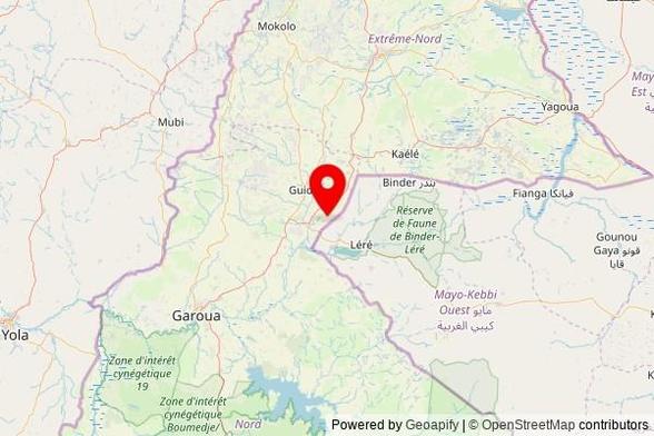 A map showing the area of Figuil with a pin at the position of Eglise catholique de Djabe Bio, Figuil, Mayo-Louti, Cameroon