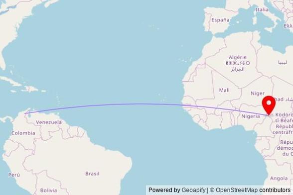 A map showing the great circle route from Perímetro Urbano Valledupar in Colombia to a map pin at Eglise catholique de Djabe Bio, Figuil, Mayo-Louti, Cameroon