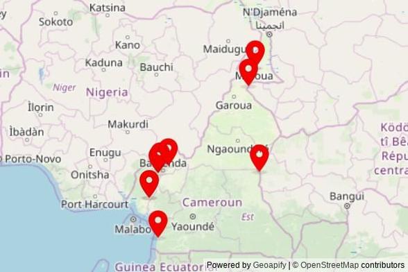 A map showing every place of worship we have visited so far in Cameroon including:
Eglise catholique de Djabe Bio in Figuil
Full Gospel Church Batibo in Batibo
UEBC in Maroua III
Chapelle lobe in Kribi I
New Apostolic Church Barejei in Nyen
Kingdom Hall of Jehovah's Witnesses in Kumba II
Mission du plein évangile in Garoua-Boulaï
Chapel in Kikfuini
Kingdom Hall of Jehovah's Witnesses in Kumba II