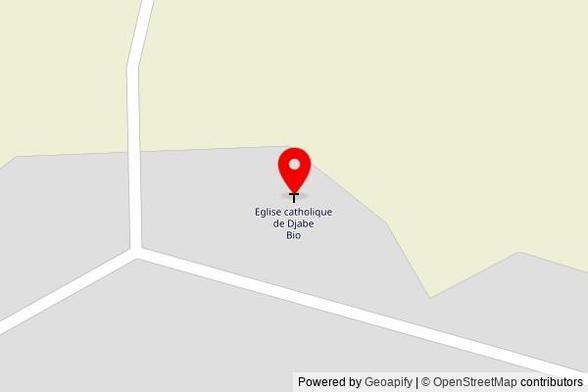 A zoomed out map with a pin at the position of Eglise catholique de Djabe Bio, Figuil, Mayo-Louti, Cameroon