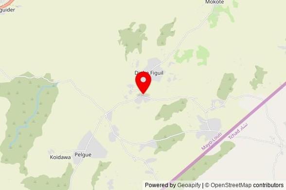 A partially zoomed out map with a pin at the position of Eglise catholique de Djabe Bio, Figuil, Mayo-Louti, Cameroon