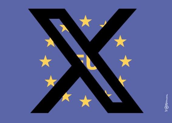 Das EU-Logo, verblasst und mit einem fetten (Twitter-)X durchgestrichen.
