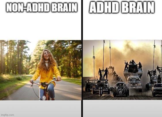 The left panel, labeled "NON-ADHD BRAIN," features a joyful young woman with long, curly blonde hair, wearing a bright yellow raincoat, as she cycles down a paved path lined with trees. The sun shines through the foliage, casting a warm, inviting glow. In stark contrast, the right panel, labeled "ADHD BRAIN," depicts a chaotic, post-apocalyptic scene with a convoy of rugged, modified vehicles and figures silhouetted against a dusty, hazy sky, evoking a sense of intense, overwhelming activity and urgency.